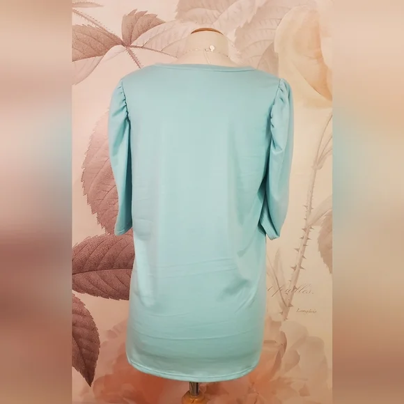 Bibi Boutique Puff Sleeve Top NWOT blue casual shirt elbow length sleeve medium - Picture 4 of 6